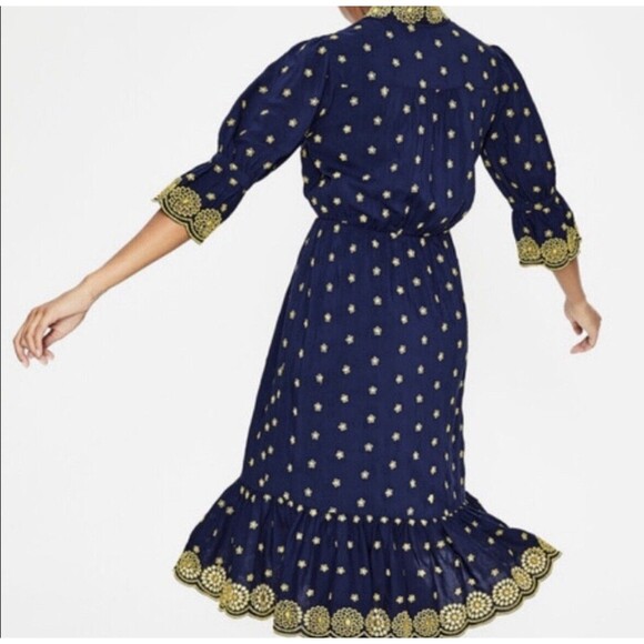 Boden Bronwen Broderie Embroidered Midi Dress in Navy and Yellow Size US 10R NWT - Picture 2 of 11
